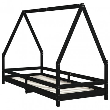 Cadru pat pentru copii, negru, 90x200 cm, lemn masiv de pin - Img 5