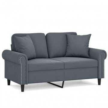Canapea cu 2 locuri cu pernuțe, gri închis, 120 cm, catifea - Img 2