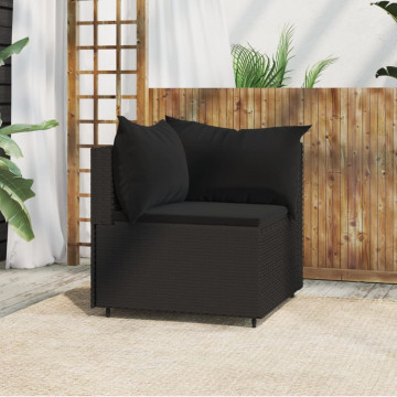 Canapea de colț cu pernă de grădină, negru, poliratan - Img 1