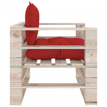 Canapea de grădină din paleți cu perne roșii, lemn de pin - Img 3