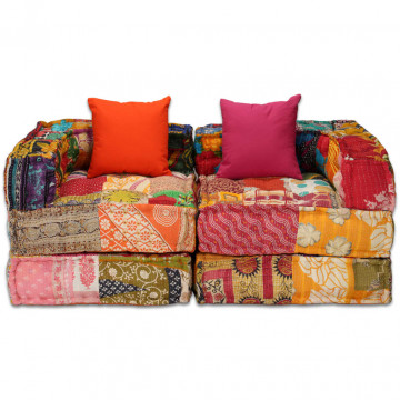 Canapea puf modulară cu 2 locuri, petice, material textil - Img 8
