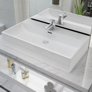Chiuvetă baie, orificiu robinet, ceramică, 76x42,5x14,5 cm, alb - Img 1