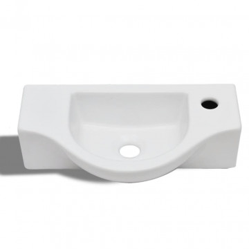 Chiuvetă de baie din ceramică, gaură pentru robinet și preaplin, alb - Img 3