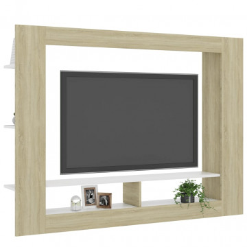 Comodă TV, alb și stejar sonoma, 152x22x113 cm, PAL - Img 3