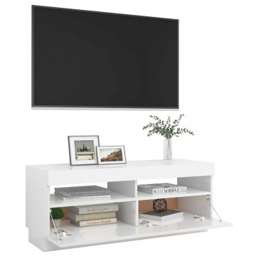 Comodă TV cu lumini LED, alb extralucios, 100x35x40 cm - Img 6