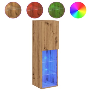 Comodă TV cu lumini LED, stejar artizanal, 30,5x30x102 cm - Img 2