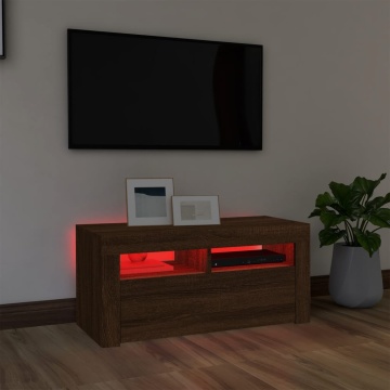 Comodă TV cu lumini LED, stejar maro, 90x35x40 cm - Img 8