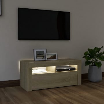 Comodă TV cu lumini LED, stejar Sonoma, 90x35x40 cm - Img 3