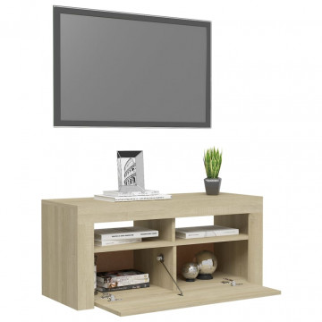 Comodă TV cu lumini LED, stejar Sonoma, 90x35x40 cm - Img 5