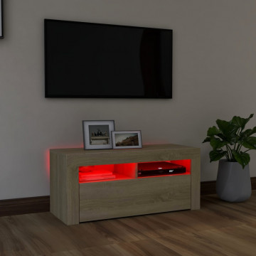 Comodă TV cu lumini LED, stejar Sonoma, 90x35x40 cm - Img 8