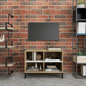 Comodă TV cu picioare de metal, alb și stejar Sonoma, 69,5x30x50 cm - Img 1