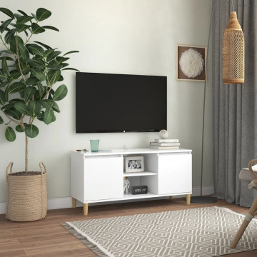 Comodă TV cu picioare din lemn masiv, alb, 103,5x35x50 cm - Img 1