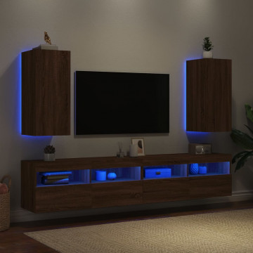 Comodă TV de perete cu LED, 2 buc. stejar maro, 30,5x35x70 cm - Img 3