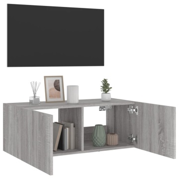 Comodă TV de perete cu lumini LED, gri sonoma, 80x35x31 cm - Img 9