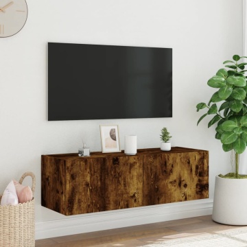 Comodă TV de perete cu lumini LED, stejar fumuriu, 100x35x31 cm - Img 5