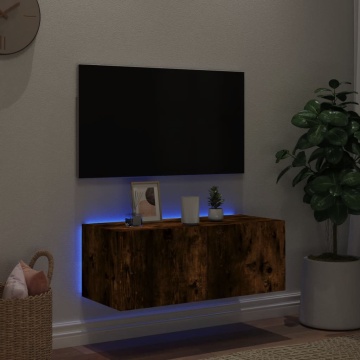 Comodă TV de perete cu lumini LED, stejar fumuriu, 80x35x31 cm - Img 3