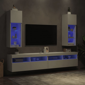 Comode TV cu lumini LED, 2 buc., alb, 30,5x30x90 cm - Img 4