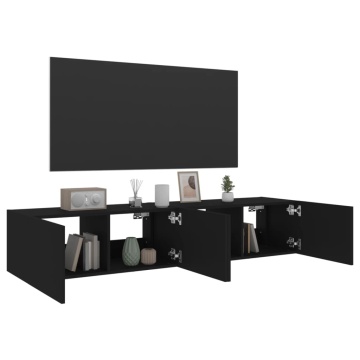 Comode TV de perete cu lumini LED, 2 buc., negru, 80x35x31 cm - Img 5