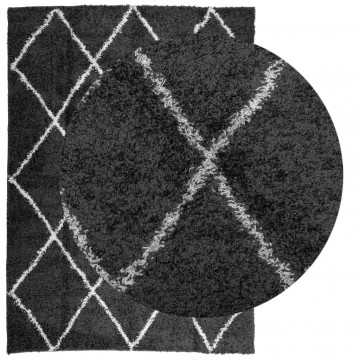 Covor pufos cu fire înalte, negru și crem modern, 200x280 cm - Img 3