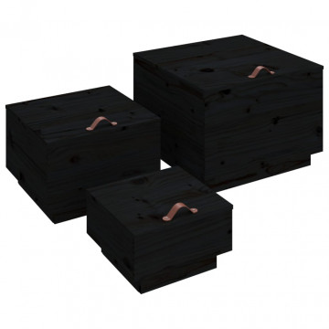 Cutii de depozitare cu capace 3 buc. negru lemn masiv de pin - Img 2