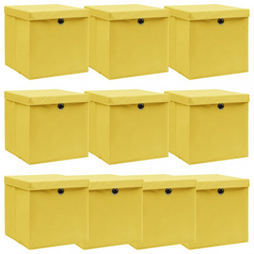 Cutii depozitare cu capac, 10 buc., galben, 32x32x32 cm, textil - Img 1