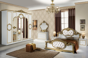 Dormitor Barocco Bianco, alb/auriu, pat 160x200 cm, dulap cu 6 usi, comoda, 2 noptiere - Img 1