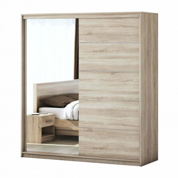 Dormitor Solano, sonoma, dulap 183 cm, pat cu tablie tapitata camel 160×200 cm, 2 noptiere, comoda - Img 6