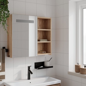 Dulap cu oglindă de baie cu LED, stejar deschis, 60x13x52 cm - Img 3