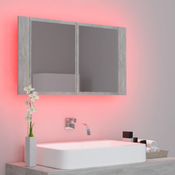 Dulap de baie cu oglindă & LED, gri beton, 80x12x45 cm acril - Img 4