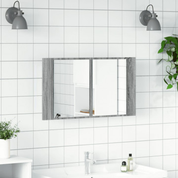 Dulap de baie cu oglindă și LED, gri sonoma, 80x12x45 cm, acril - Img 3