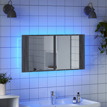 Dulap de baie cu oglindă și LED gri sonoma, 90x12x45 cm, acril - Img 4