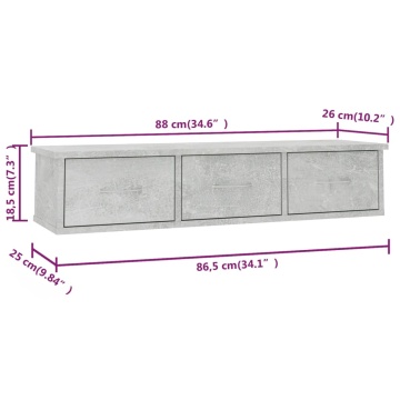 Dulap de perete cu sertare, gri beton, 88x26x18,5 cm - Img 6