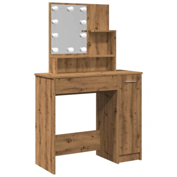 Masă de toaletă cu LED, stejar artizanal, 86,5x35x136 cm - Img 2