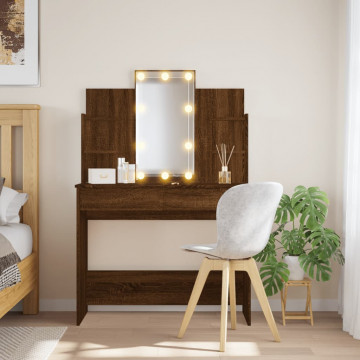 Masă de toaletă cu LED-uri, stejar maro, 96x40x142 cm - Img 1