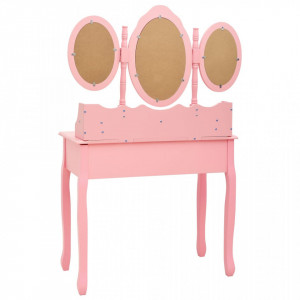 Masă de toaletă cu taburet și triptic oglinzi, roz - Img 6