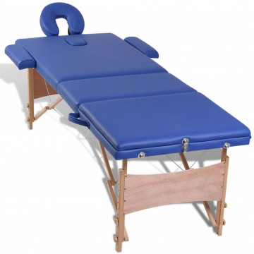 Masă masaj pliabilă, 3 zone, albastru, cadru de lemn - Img 5