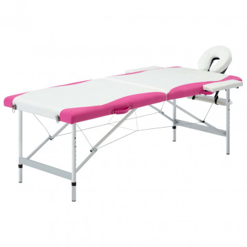 Masă pliabilă de masaj, 2 zone, alb și roz, aluminiu - Img 1