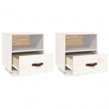 Noptiere, 2 buc, alb, 40x34x45 cm, lemn masiv de pin - Img 5