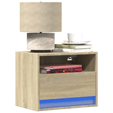 Noptiere montate pe perete cu lumini LED, 2 buc., stejar sonoma - Img 1