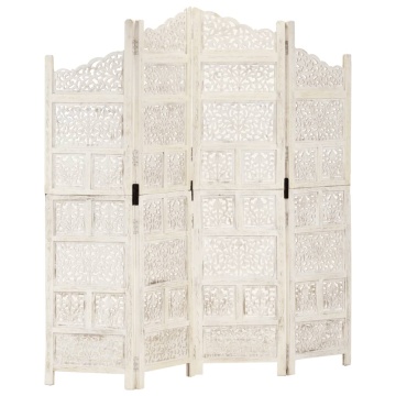Paravan cameră sculptat manual, 4 panouri, alb 160x165 cm mango - Img 1