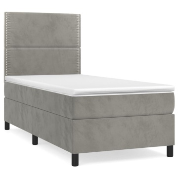 Pat box spring cu saltea, gri deschis, 100x200 cm, catifea - Img 2