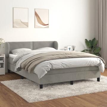 Pat box spring cu saltea, gri deschis, 140x190 cm, catifea - Img 1