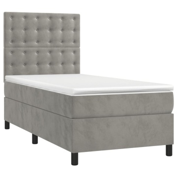 Pat box spring cu saltea, gri deschis, 90x190 cm, catifea - Img 3