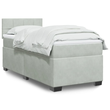 Pat box spring cu saltea, gri deschis, 90x190 cm, catifea - Img 1