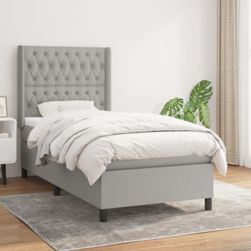 Pat box spring cu saltea, gri deschis, 90x190 cm, textil - Img 1