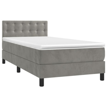Pat box spring cu saltea, gri deschis, 90x200 cm, catifea - Img 3