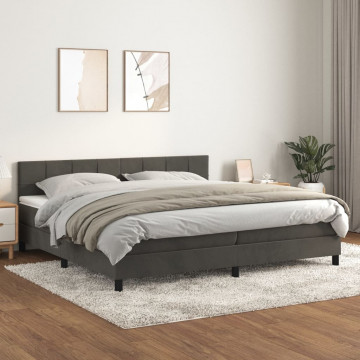 Pat box spring cu saltea, gri închis, 200x200 cm, catifea - Img 1