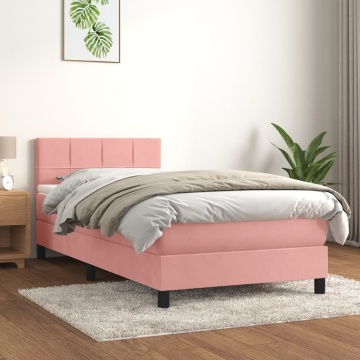 Pat box spring cu saltea, roz, 100x200 cm, catifea - Img 1