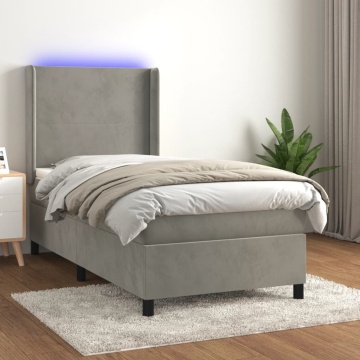 Pat continental cu saltea & LED, gri deschis, 80x200 cm catifea - Img 1