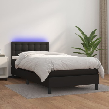 Pat continental cu saltea & LED, negru, 80x200 cm, piele eco - Img 1